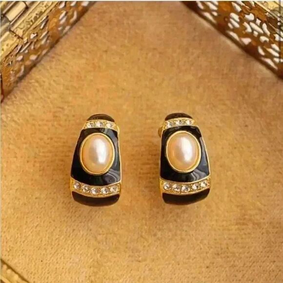 Joan Rivers Signed Gold-Tone Black Enamel Tear Drop Earring Rhinestone Pearl QVC - Picture 3 of 4